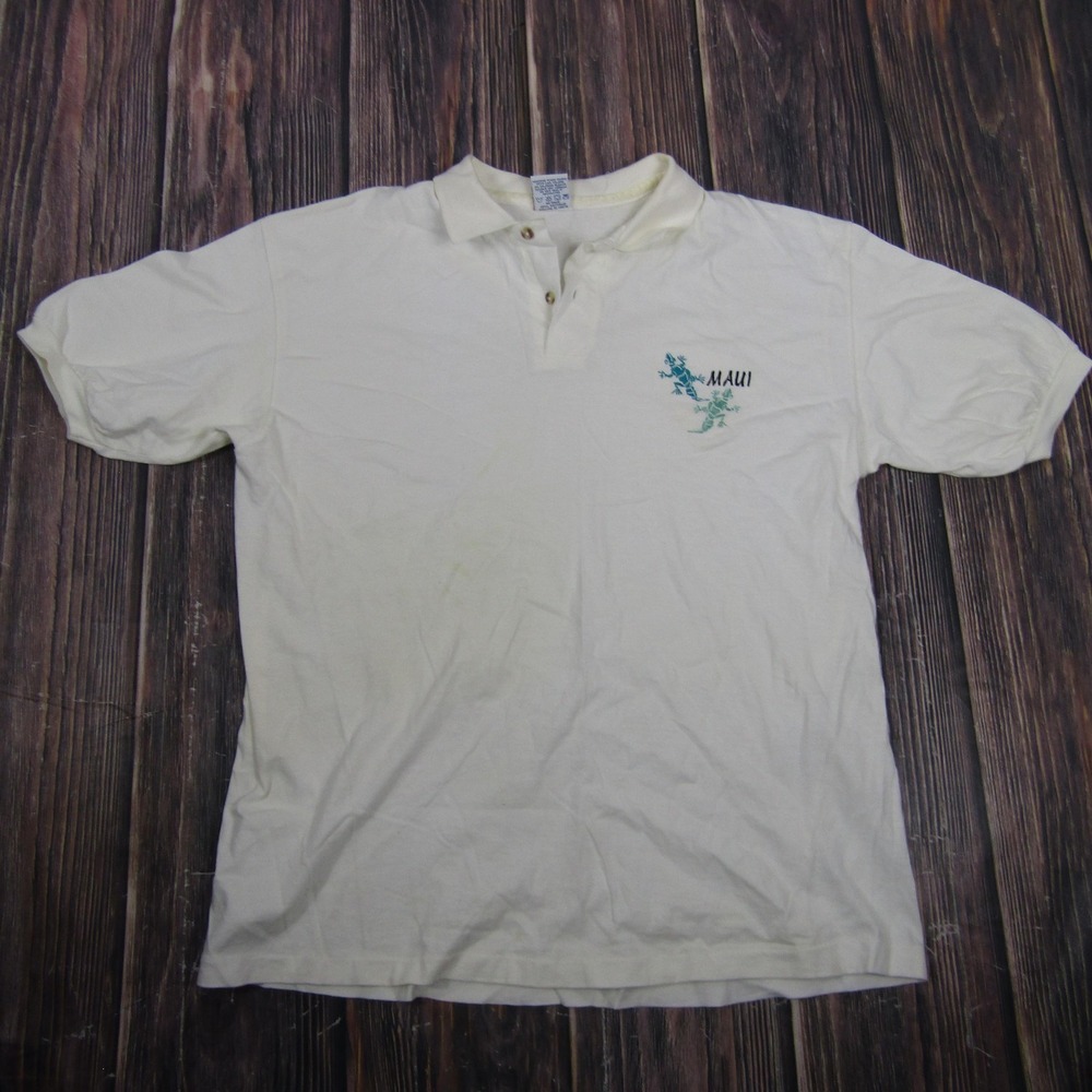 Vintage‎ Anvil Maui Gecko Shirt Mens Large White Single Stitch Polo Hawaii Tee
